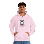 Mornings Are Ruff funny pet lover hoodie featuring a 
raccoon with coffee, perfect gift for dog moms and pet parents