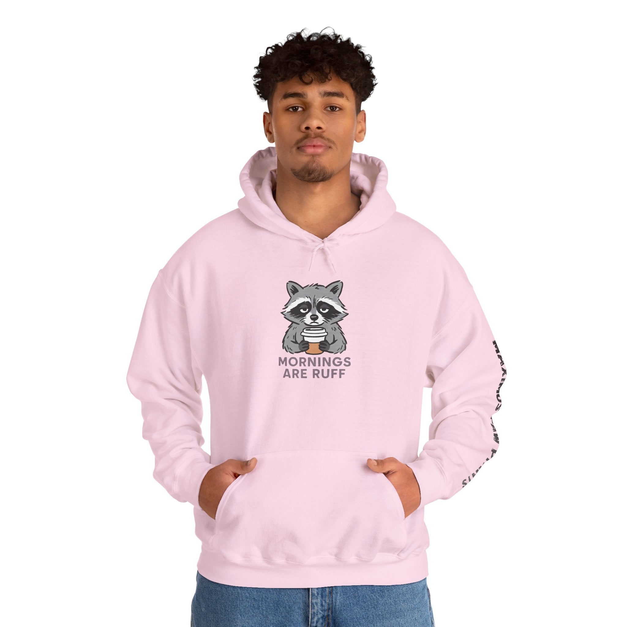 Mornings Are Ruff funny pet lover hoodie featuring a 
raccoon with coffee, perfect gift for dog moms and pet parents