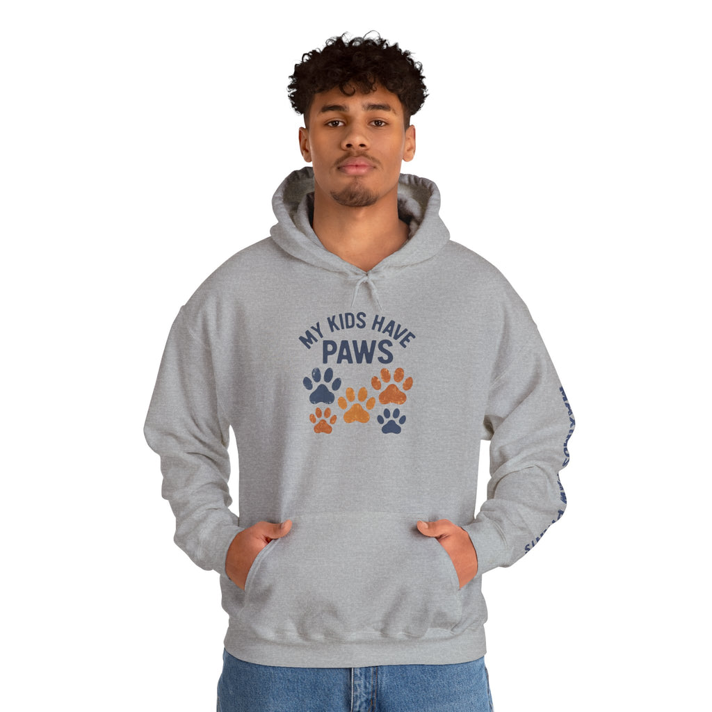 My Kids Have Paws heather grey hoodie with navy and orange
paw prints, funny pet parent sweatshirt gift for dog moms and cat moms