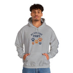My Kids Have Paws heather grey hoodie with navy and orange
paw prints, funny pet parent sweatshirt gift for dog moms and cat moms