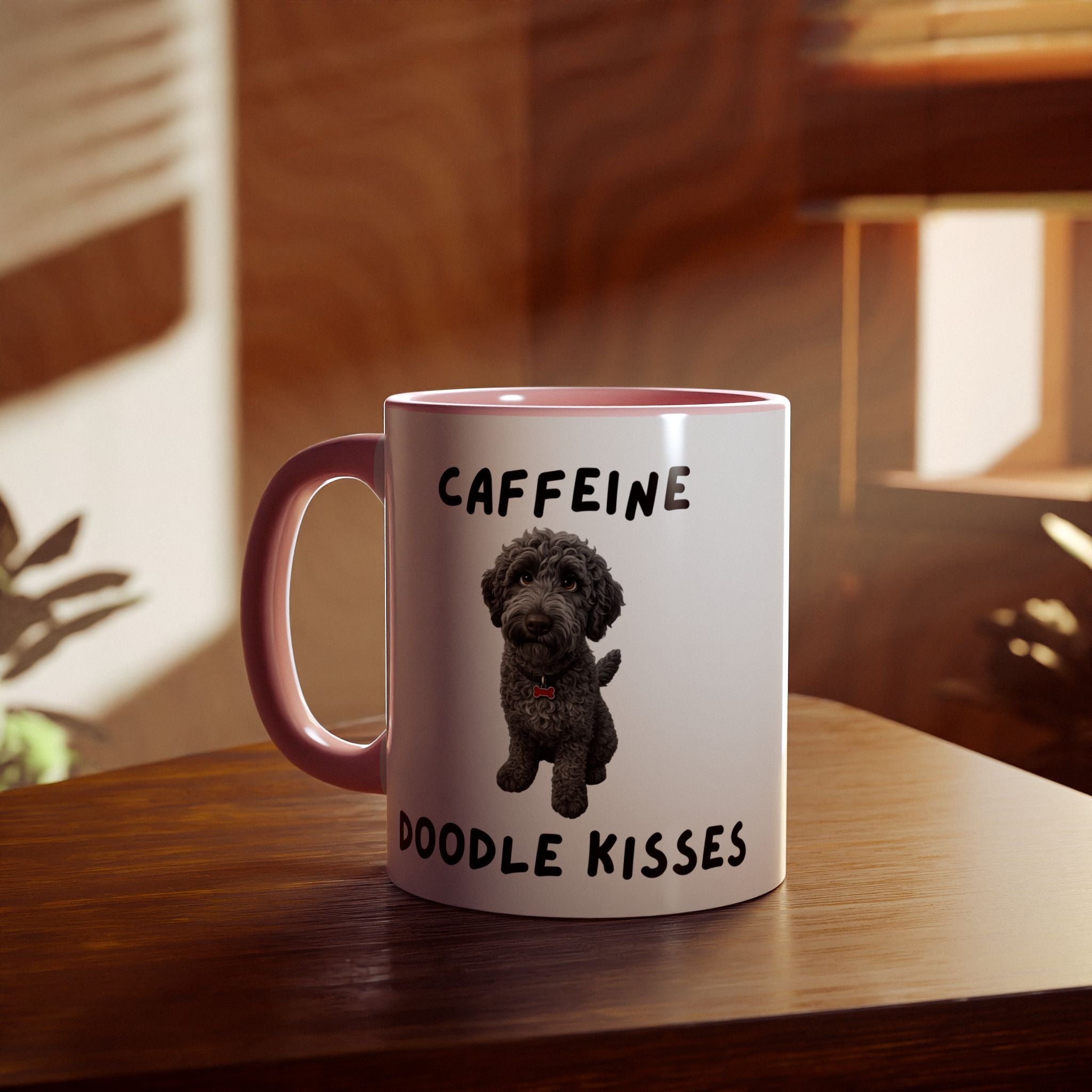 Caffeine & Doodle Kisses Mug — 11oz Accent Coffee Cup with Gray Doodle Design