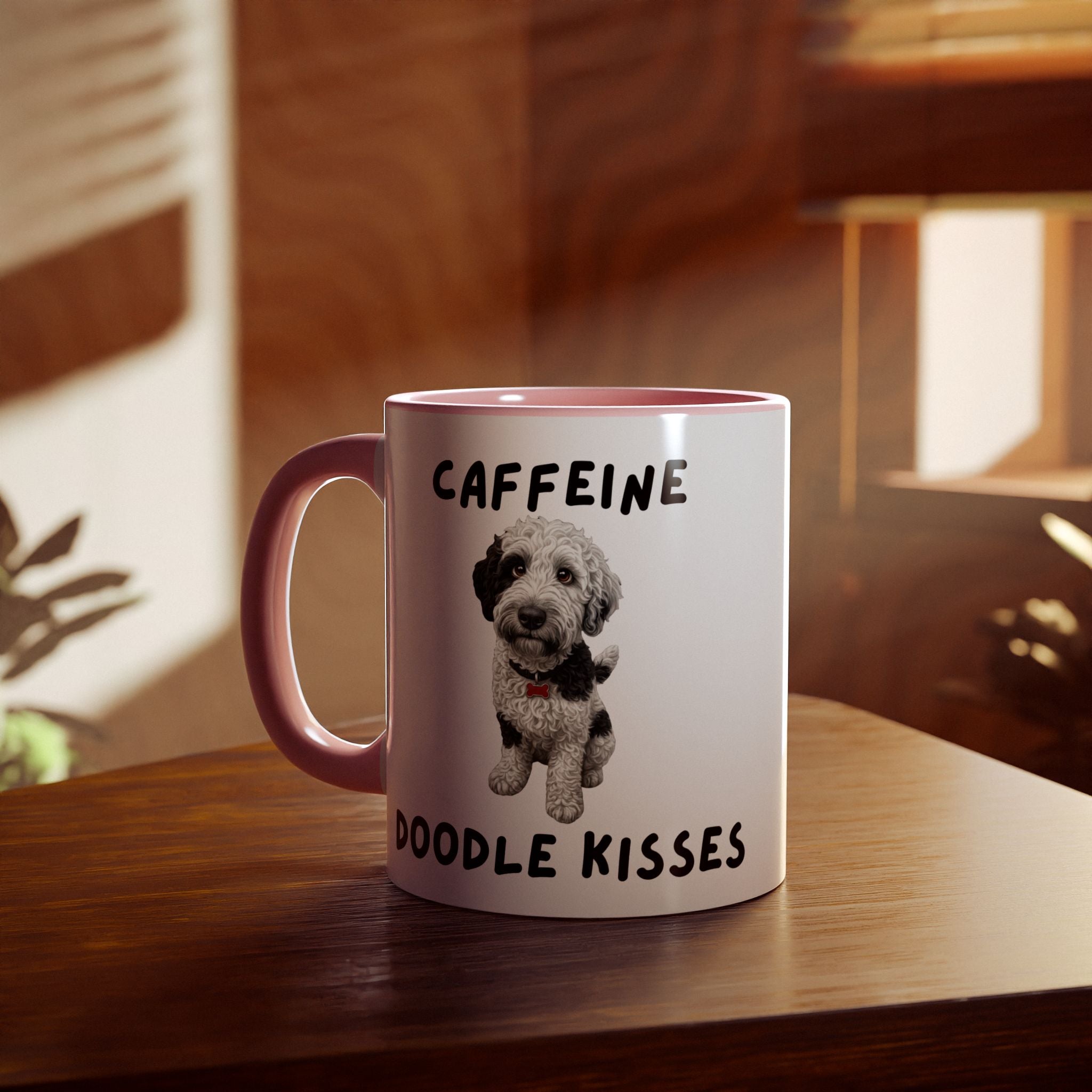Caffeine & Doodle Kisses Mug — 11oz Accent Coffee Cup with Brown & White Doodle Design