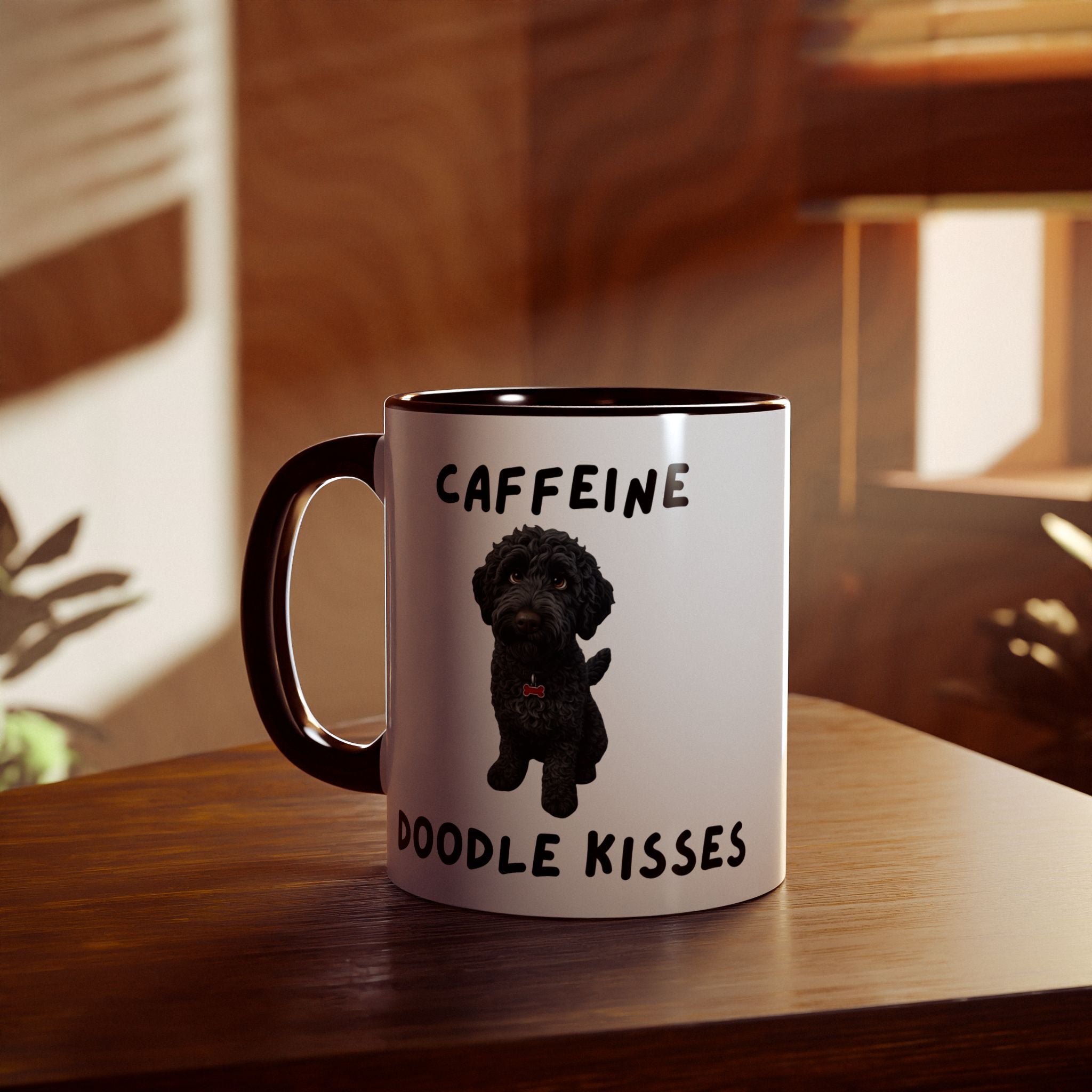 Caffeine & Doodle Kisses Mug — 11oz Accent Coffee Cup with Black Doodle Design