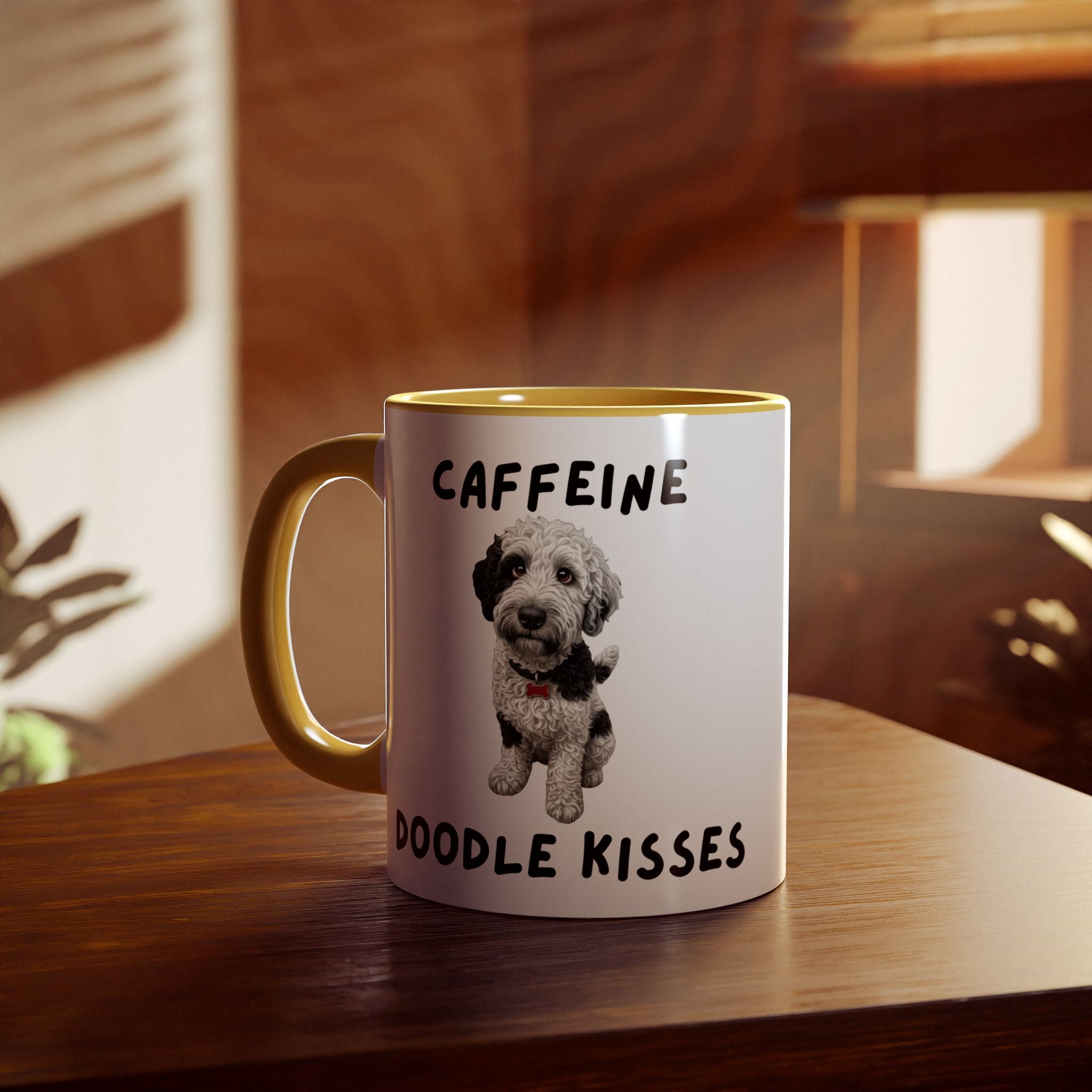 Caffeine & Doodle Kisses Mug — 11oz Accent Coffee Cup with Brown & White Doodle Design