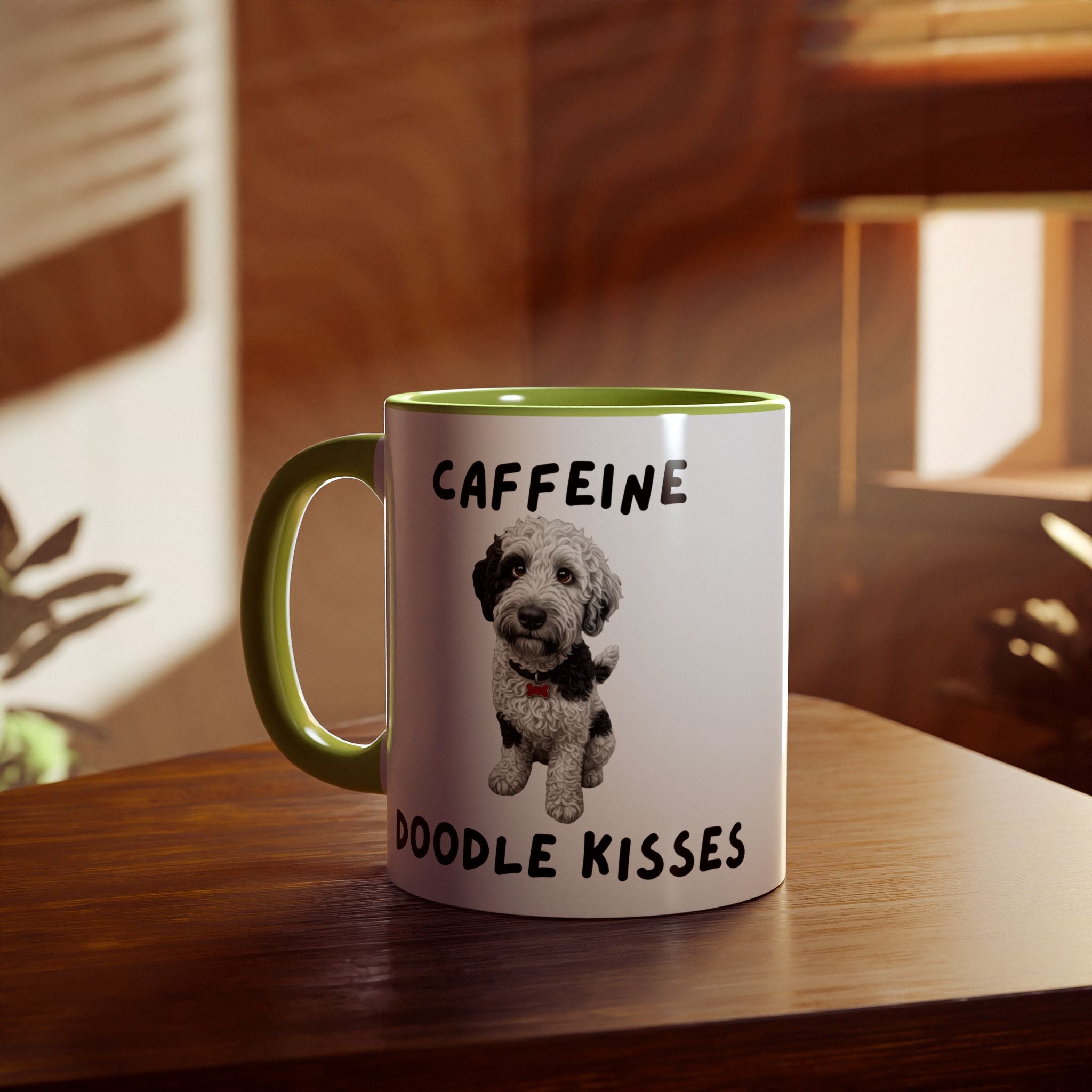 Caffeine & Doodle Kisses Mug — 11oz Accent Coffee Cup with Brown & White Doodle Design