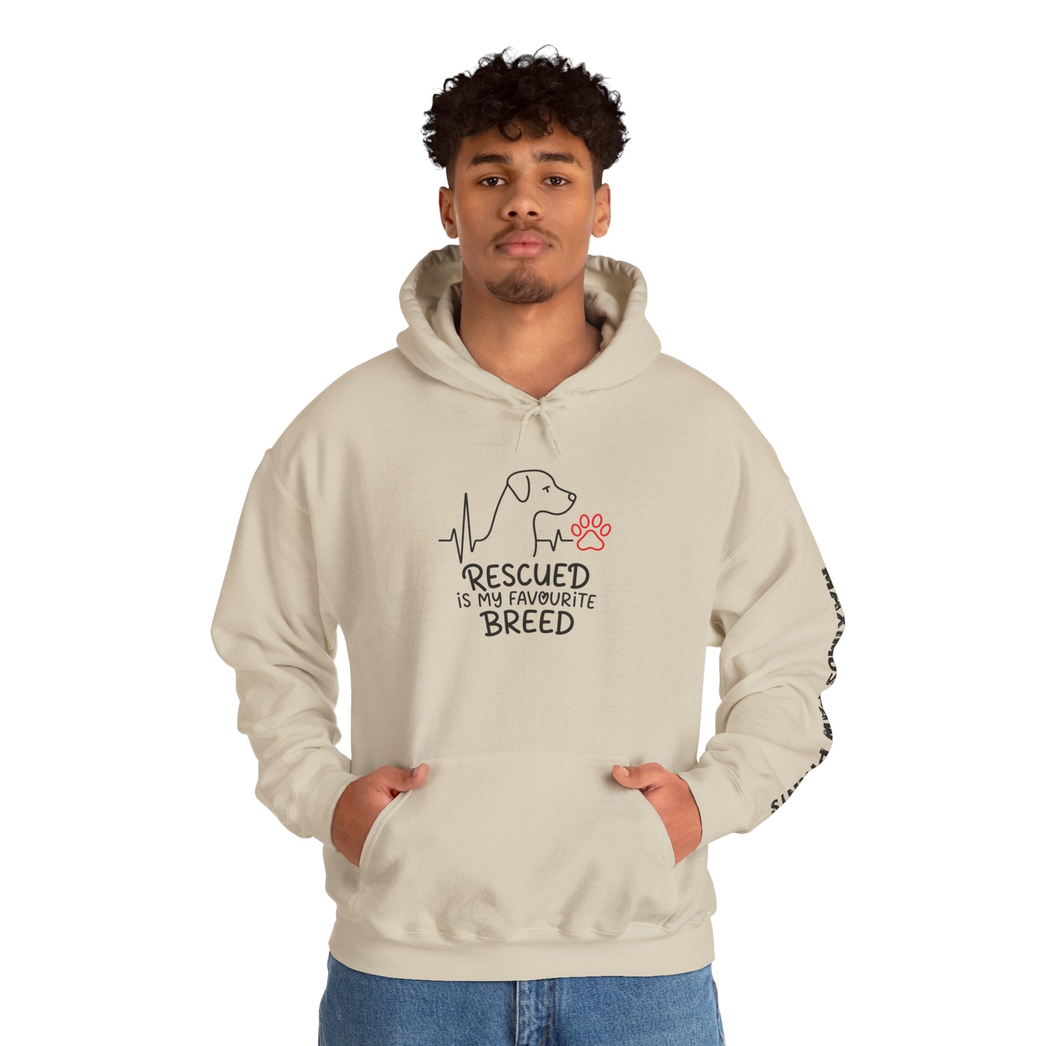 Rescued is My Favourite Breed hoodie with heartbeat dog
silhouette and pink paw print, adopt don't shop rescue pet lover sweatshirt