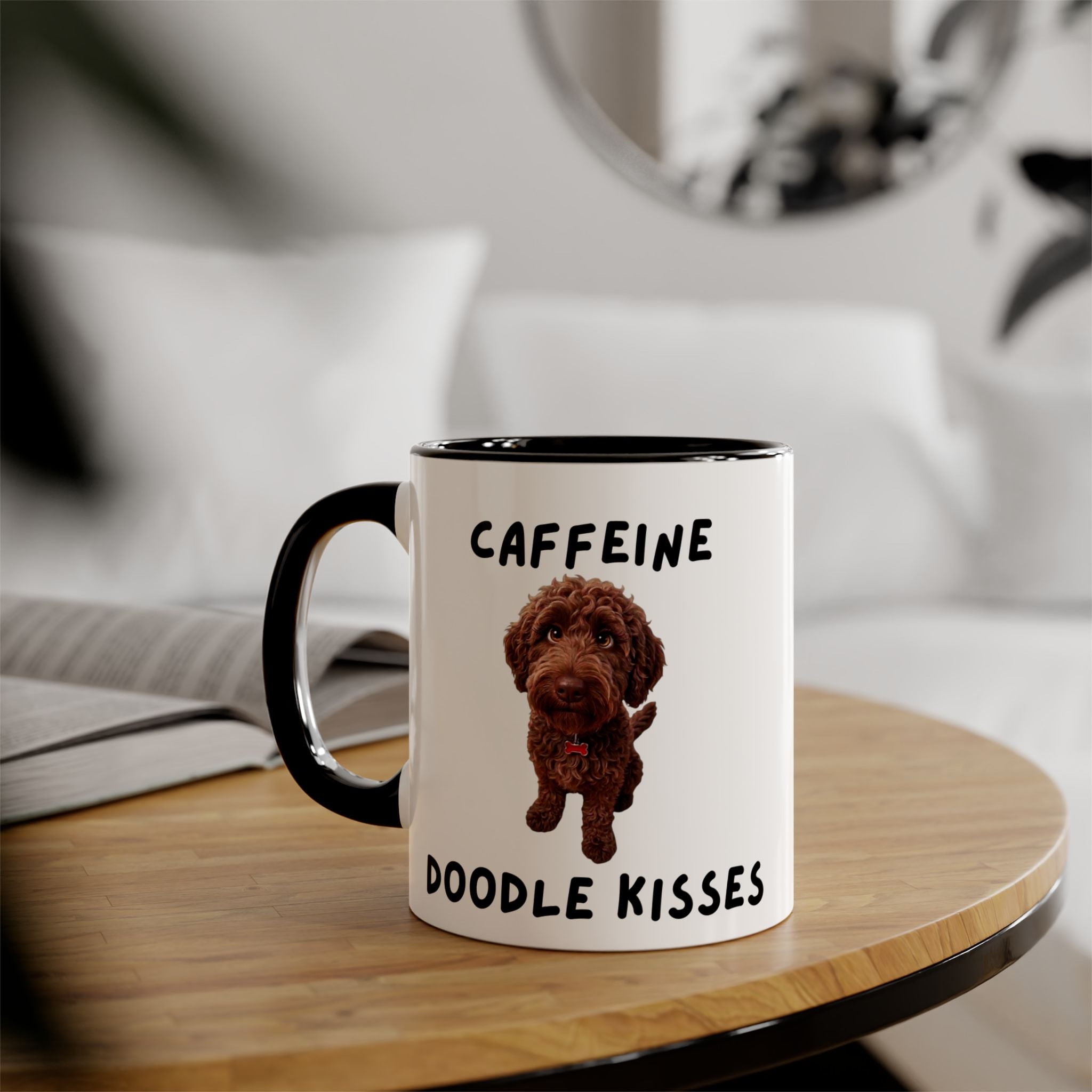 Caffeine & Doodle Kisses Mug — 11oz Accent Coffee Cup with Chocolate Doodle Design