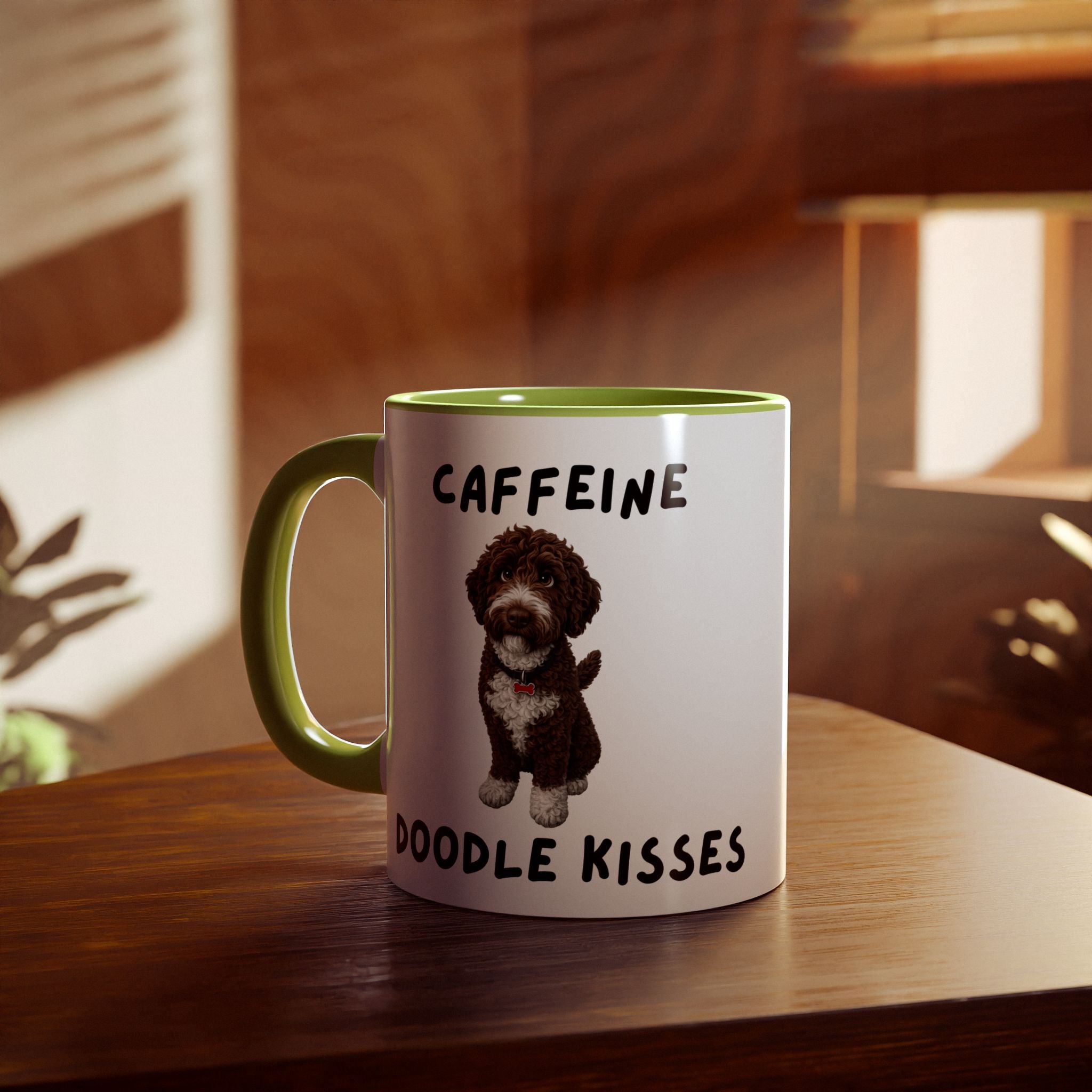 Caffeine & Doodle Kisses Mug — 11oz Accent Coffee Cup with Brown & White Doodle Design