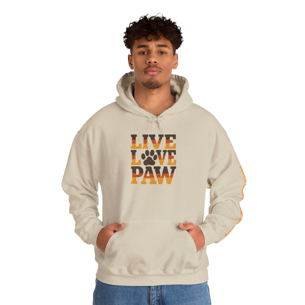 Live Love Paw hoodie with bold warm autumn typography and
paw print design, pet lover sweatshirt gift for dog moms and cat parents