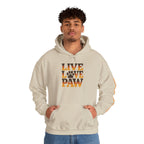 Live Love Paw hoodie with bold warm autumn typography and
paw print design, pet lover sweatshirt gift for dog moms and cat parents