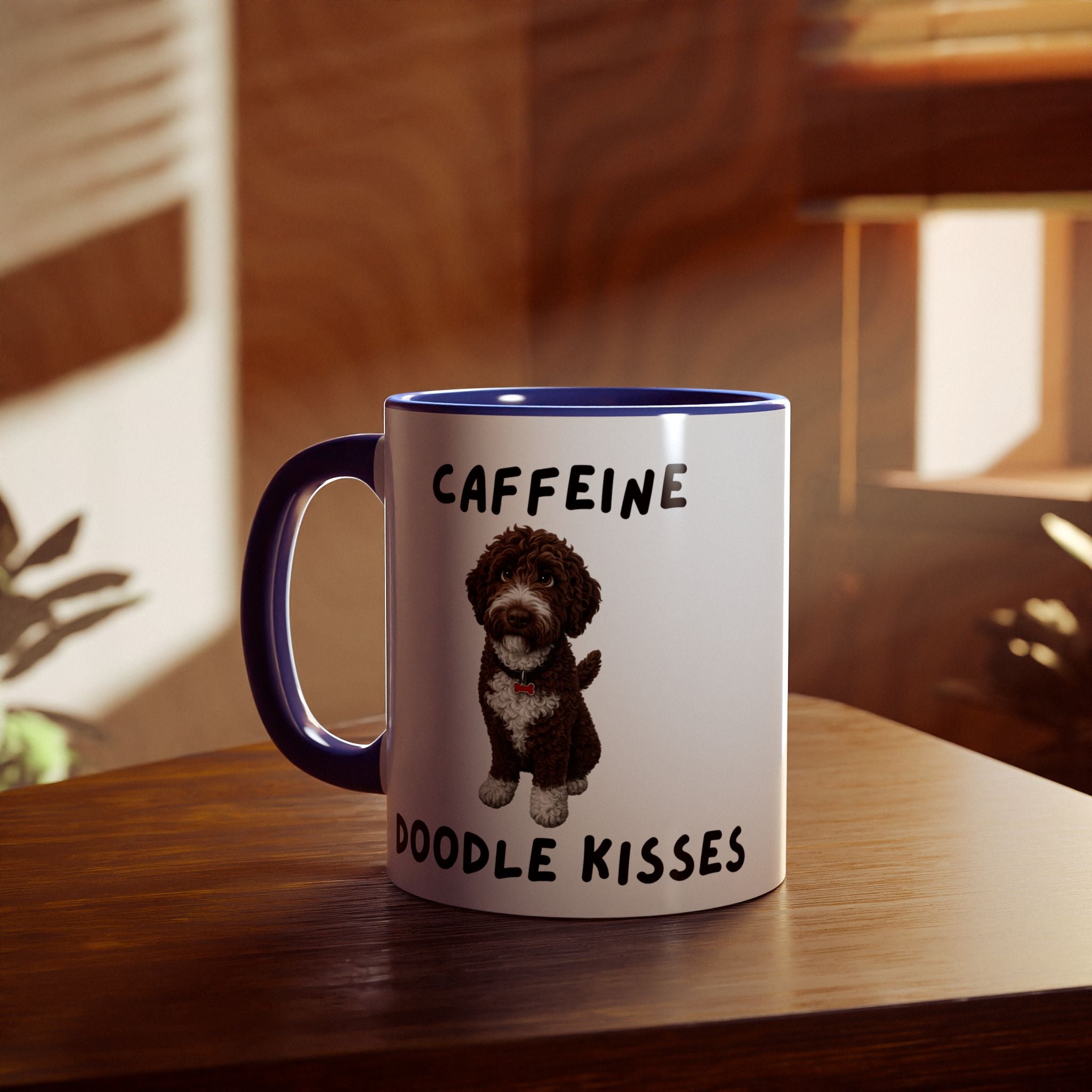 Caffeine & Doodle Kisses Mug — 11oz Accent Coffee Cup with Brown & White Doodle Design