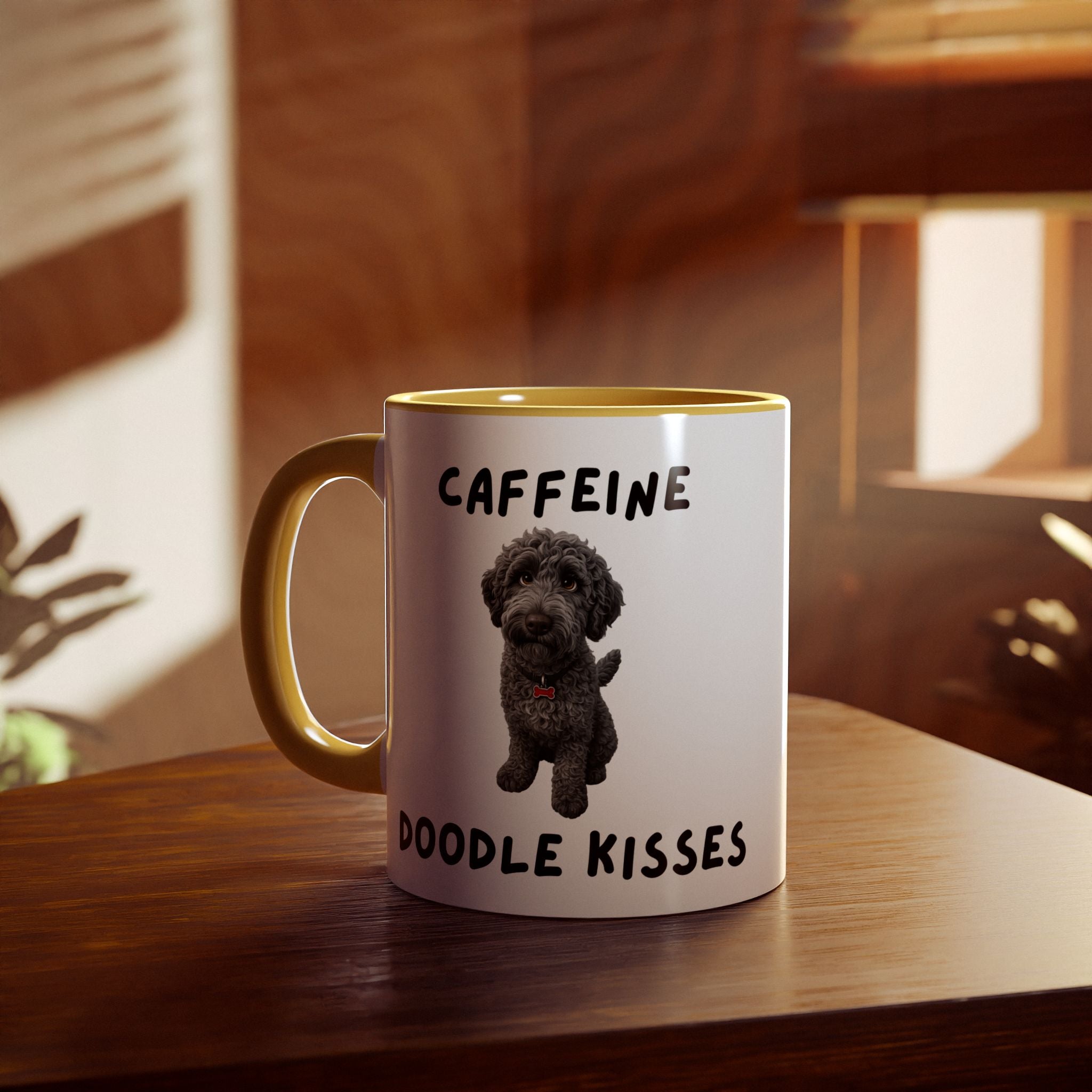 Caffeine & Doodle Kisses Mug — 11oz Accent Coffee Cup with Gray Doodle Design