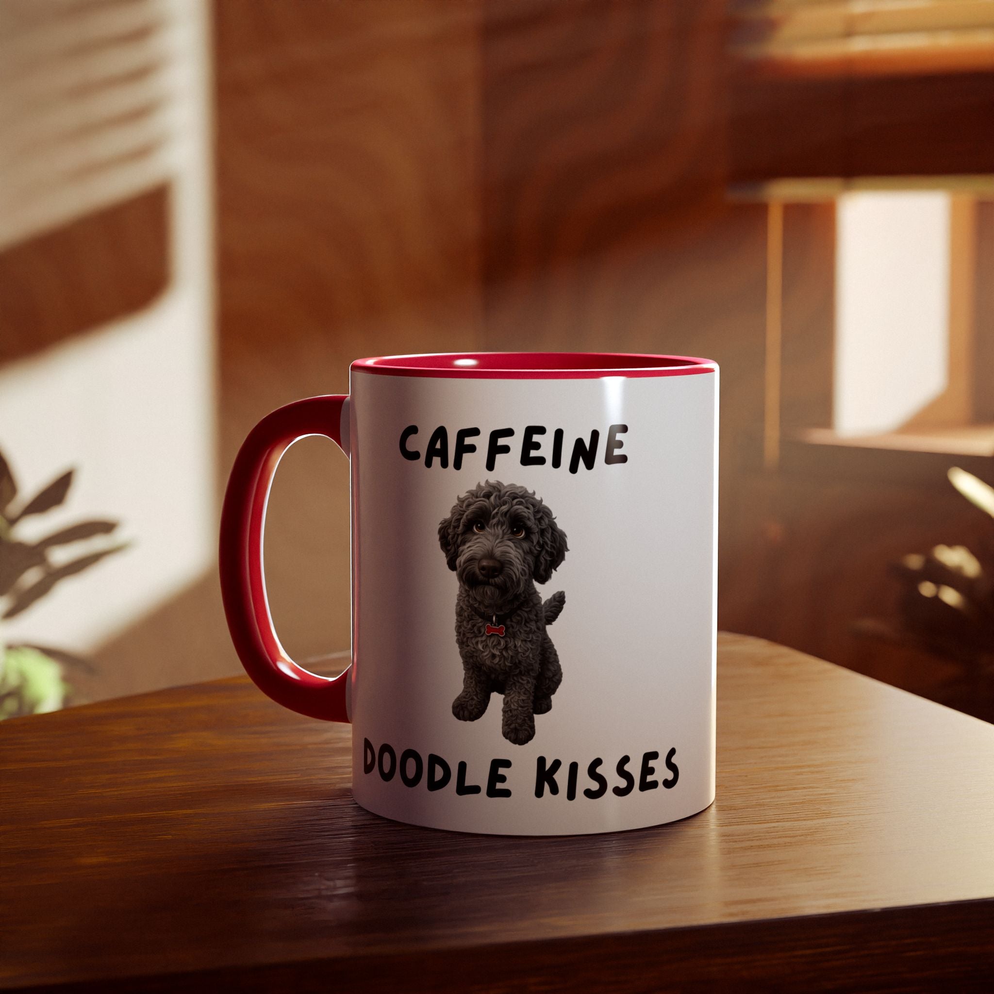 Caffeine & Doodle Kisses Mug — 11oz Accent Coffee Cup with Gray Doodle Design