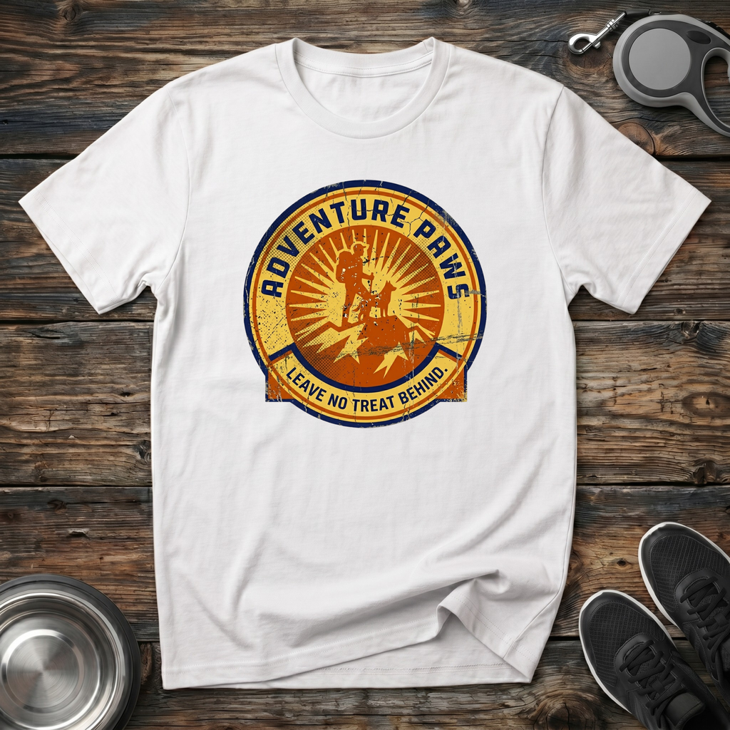 Adventure Paws Leave No Treat Behind white t-shirt with stunning
vintage national park badge featuring hiker and dog silhouette
in warm sunburst gold and navy, funny hiking dog lover tee