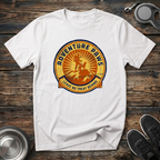 Adventure Paws Leave No Treat Behind white t-shirt with stunning
vintage national park badge featuring hiker and dog silhouette
in warm sunburst gold and navy, funny hiking dog lover tee