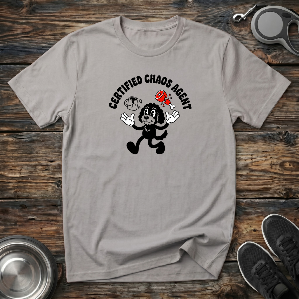 Certified Chaos Agent Dog natural stone t-shirt with wild retro
rubber-hose cartoon dog in black and red with arms flailing,
funny dog lover humor tee and dog mom dad chaos gift