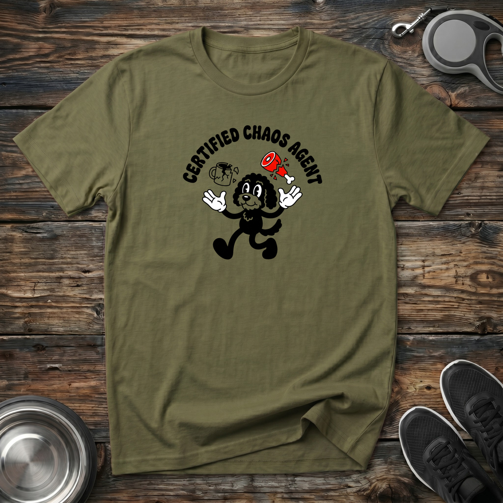 Certified Chaos Agent Dog T-Shirt | Funny Dog Lover Retro Tee | Dog Mom Dad Gift