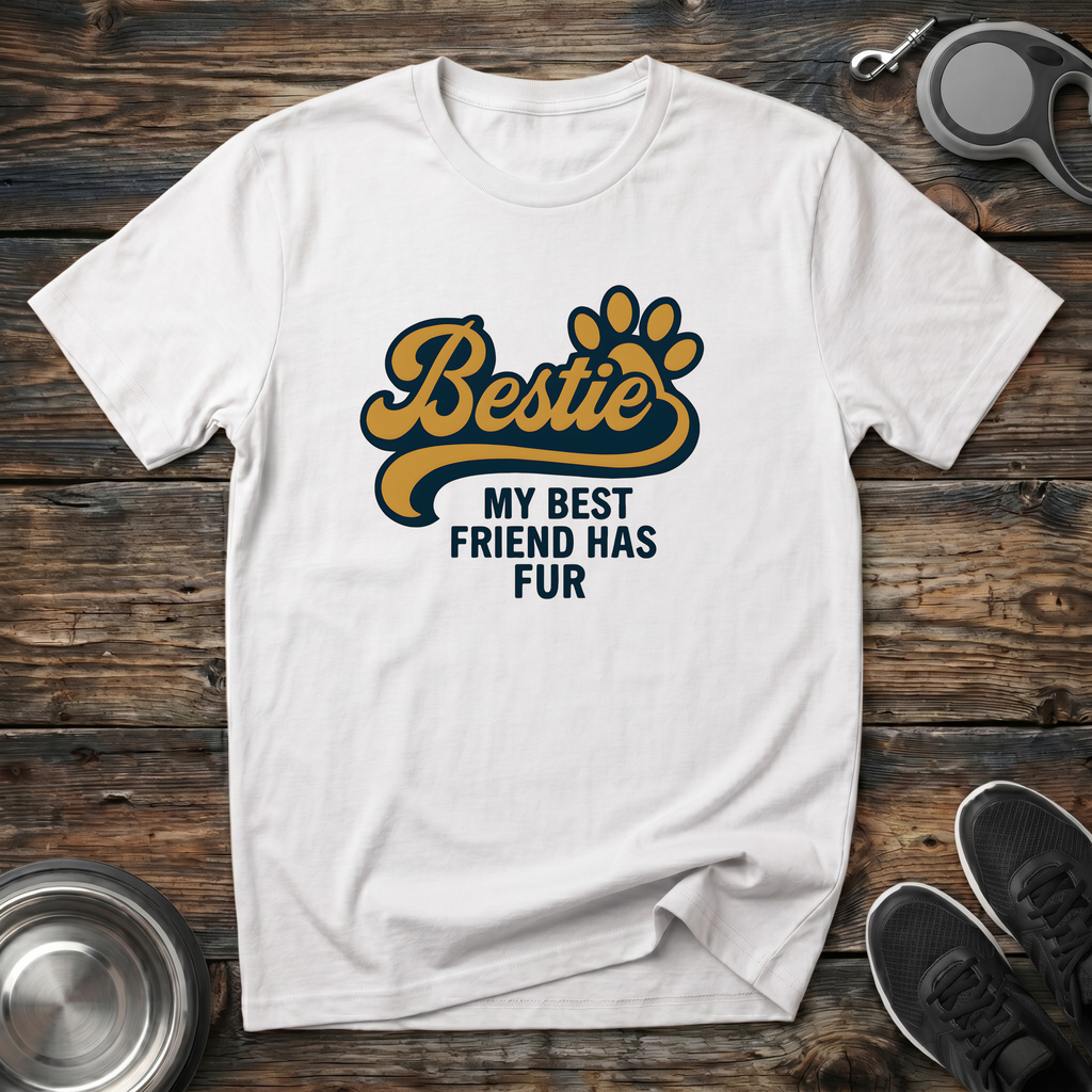 Bestie My Best Friend Has Fur Funny Dog Lover T-Shirt – Bold Paw Print Graphic Tee for Dog Moms & Best Friend Gift