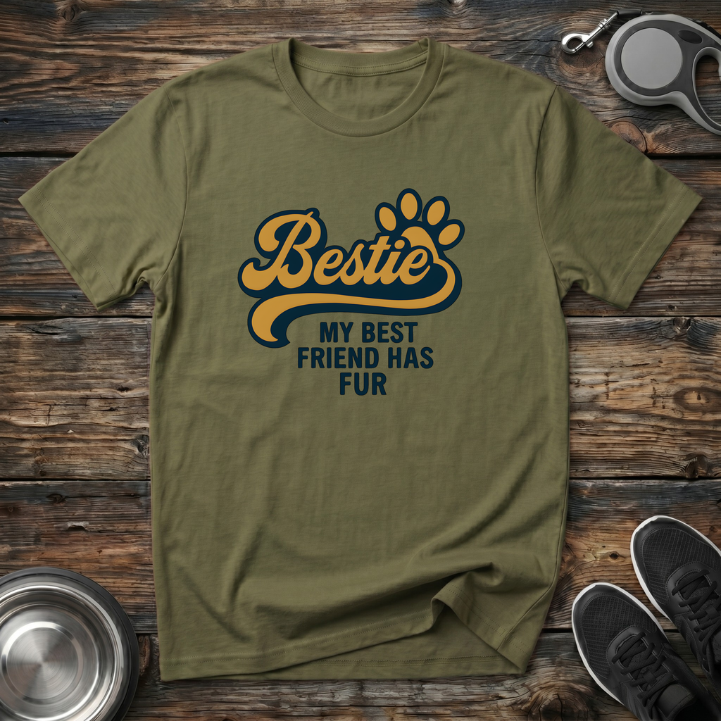 Bestie My Best Friend Has Fur Funny Dog Lover T-Shirt – Bold Paw Print Graphic Tee for Dog Moms & Best Friend Gift