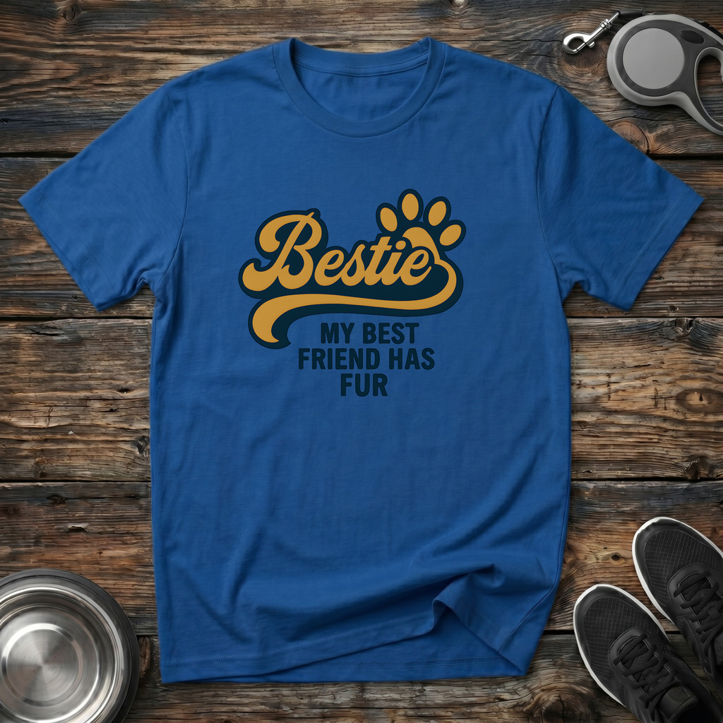 Royal blue unisex t-shirt with golden "Bestie" script and paw print graphic above navy "My Best Friend Has Fur" block lettering — funny dog mom and pet lover gift tee
