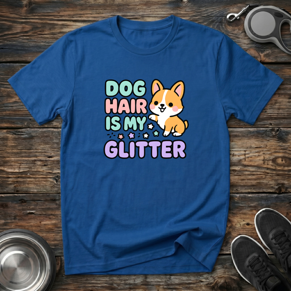 Royal blue dog mom t-shirt with kawaii Corgi graphic and colorful "Dog Hair Is My Glitter" text — funny gift tee for dog lovers