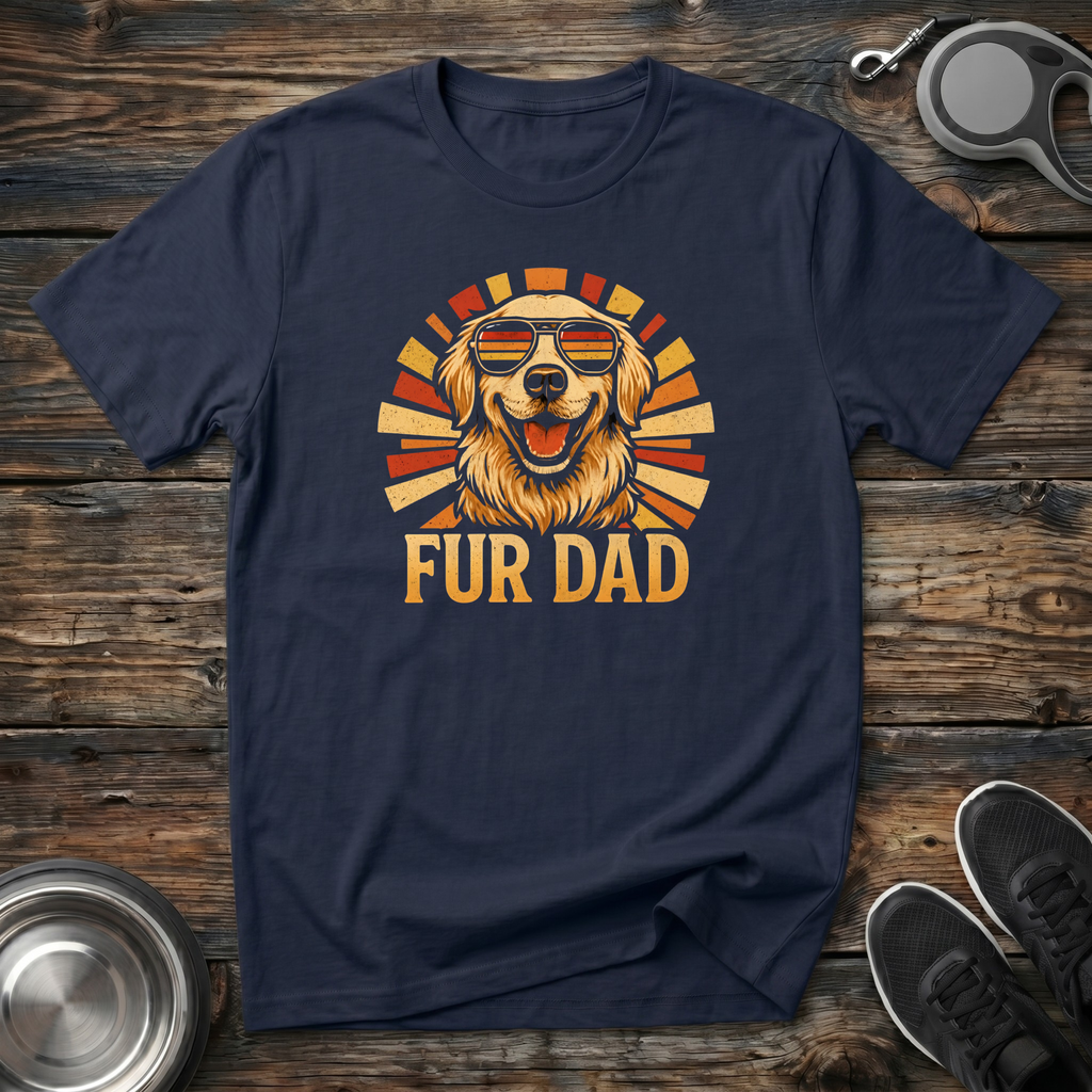 Navy blue unisex t-shirt with retro sunburst Golden Retriever wearing aviator sunglasses graphic and bold "Fur Dad" lettering — cool vintage dog dad gift tee for men