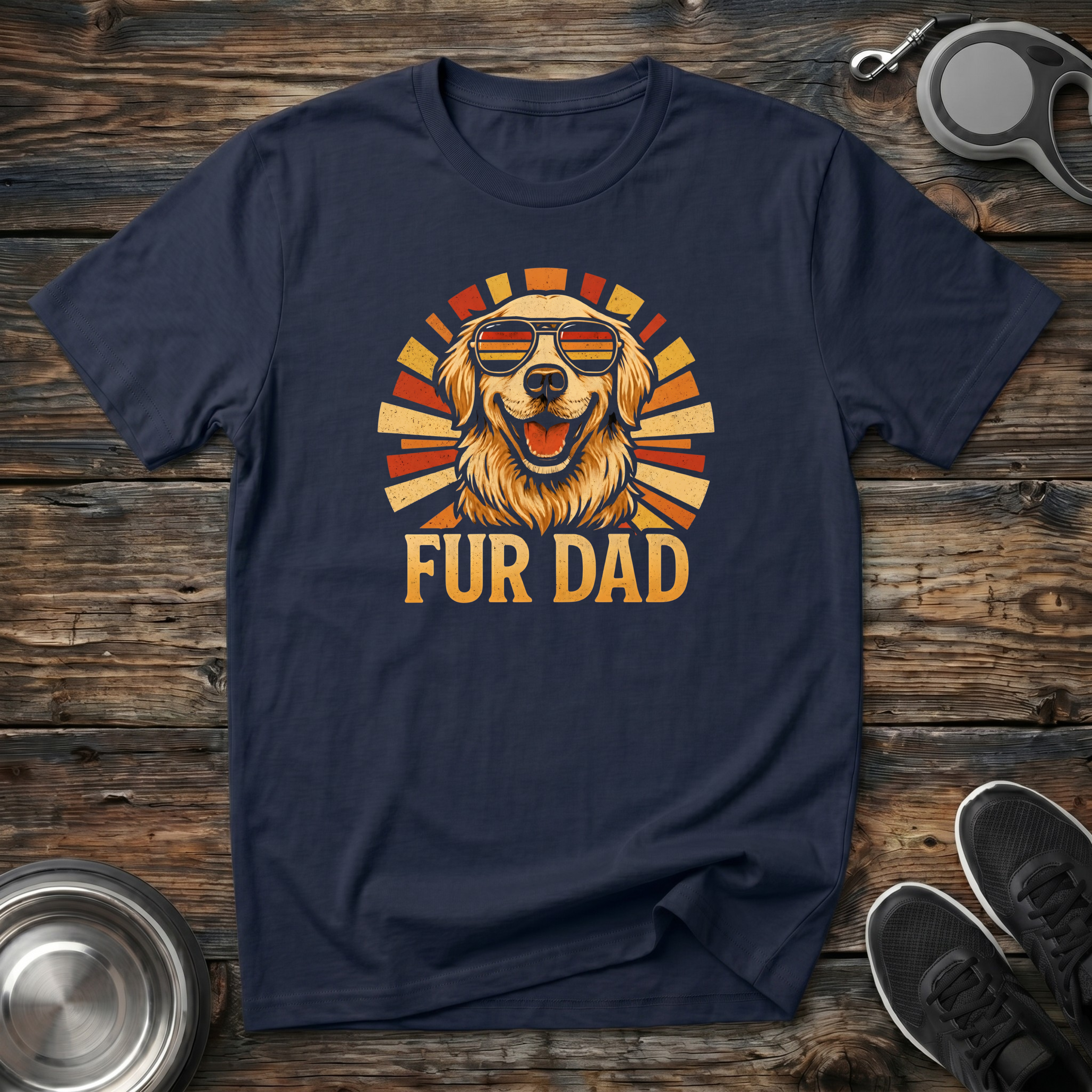 Navy blue unisex t-shirt with retro sunburst Golden Retriever wearing aviator sunglasses graphic and bold "Fur Dad" lettering — cool vintage dog dad gift tee for men