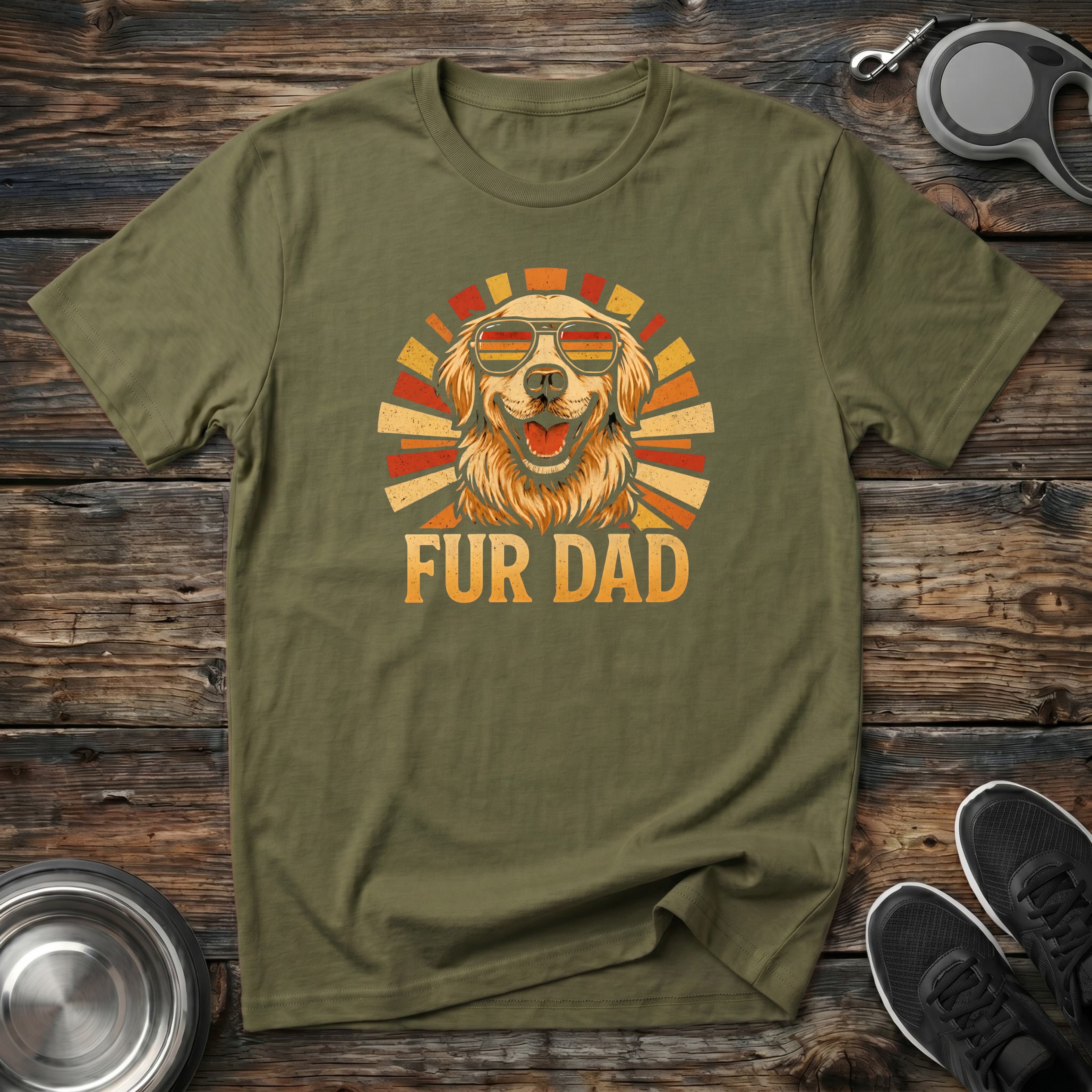 Fur Dad Retro Sunset Golden Retriever T-Shirt – Cool Dog Dad Graphic Tee for Men Who Love Their Dogs