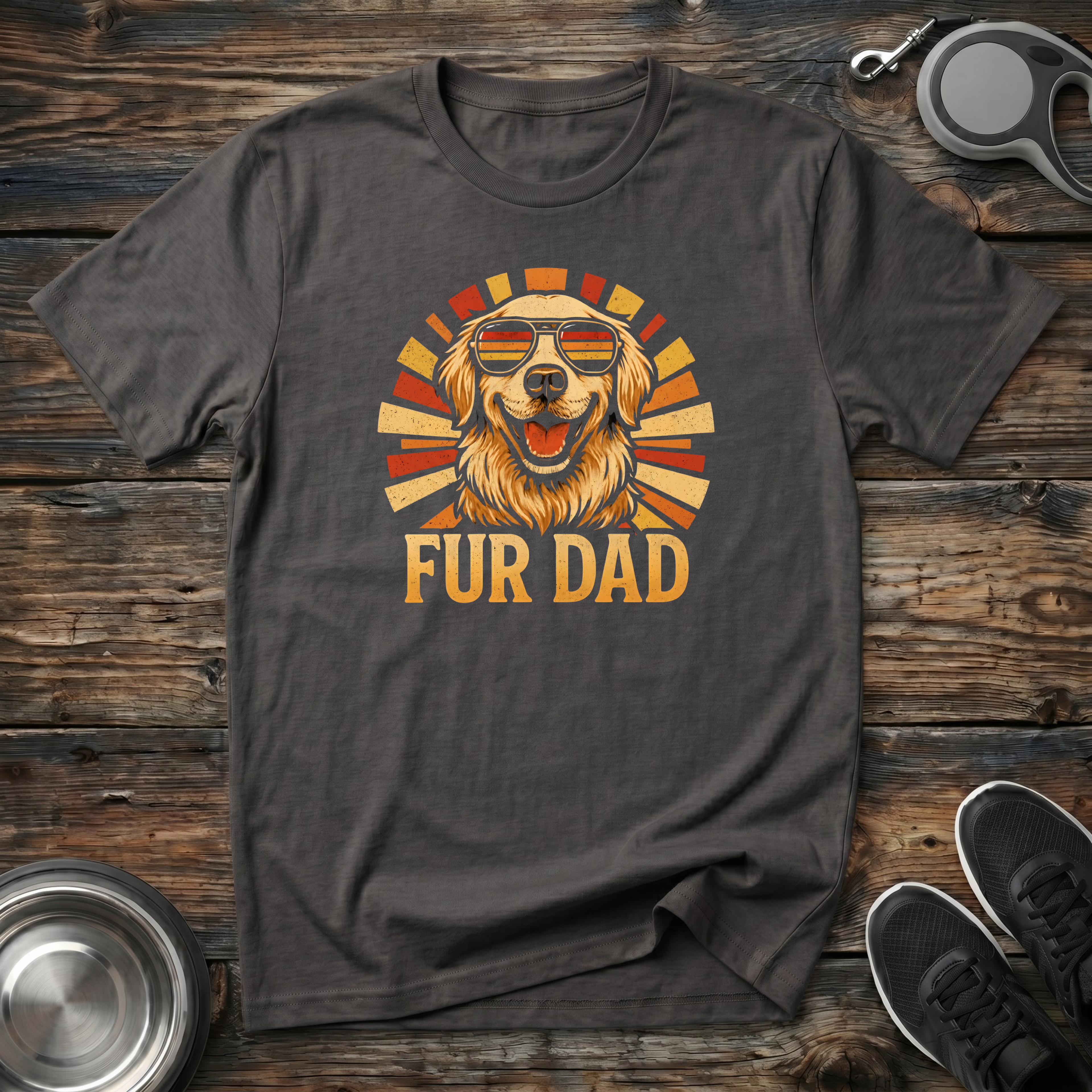 Fur Dad Retro Sunset Golden Retriever T-Shirt – Cool Dog Dad Graphic Tee for Men Who Love Their Dogs