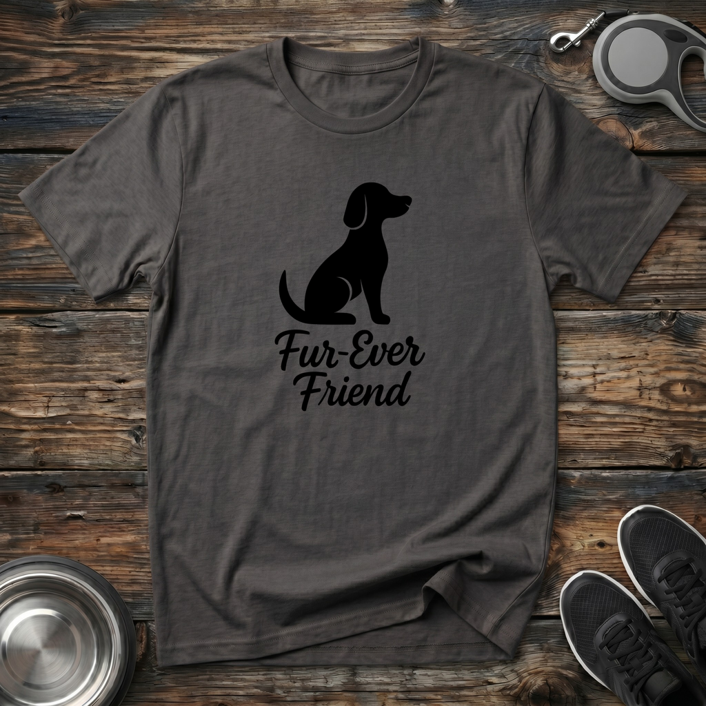 Charcoal gray unisex dog lover t-shirt with black dog silhouette and "Fur-Ever Friend" script graphic — classic pet parent gift tee