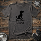 Charcoal gray unisex dog lover t-shirt with black dog silhouette and "Fur-Ever Friend" script graphic — classic pet parent gift tee