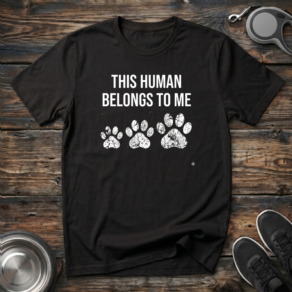 This Human Belongs To Me Funny Dog Owner T-Shirt – Bold Paw Print Graphic Tee Told From the Dog's Perspective
