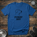 Royal blue unisex t-shirt with minimalist single-line black dog portrait illustration and bold "Furry BFF" serif lettering — elegant dog lover gift tee for dog moms and best friends