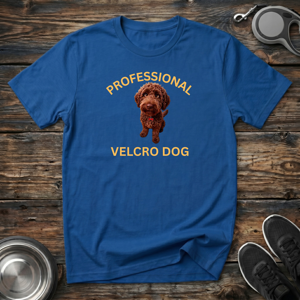 Professional Velcro Dog blue t-shirt with golden doodle portrait
and gold lettering, funny doodle mom tee and doodle owner gift dad gift