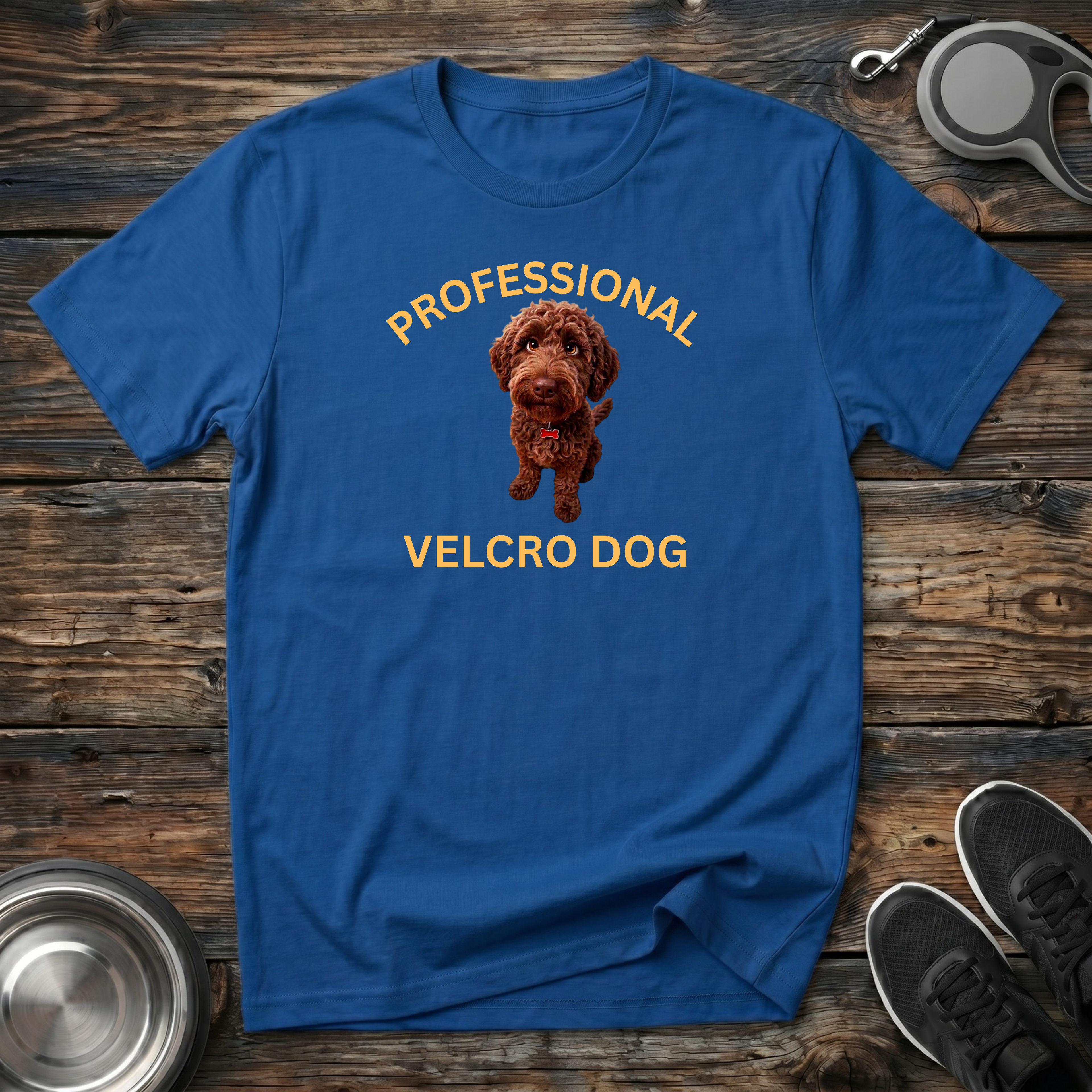 Professional Velcro Dog blue t-shirt with golden doodle portrait
and gold lettering, funny doodle mom tee and doodle owner gift dad gift