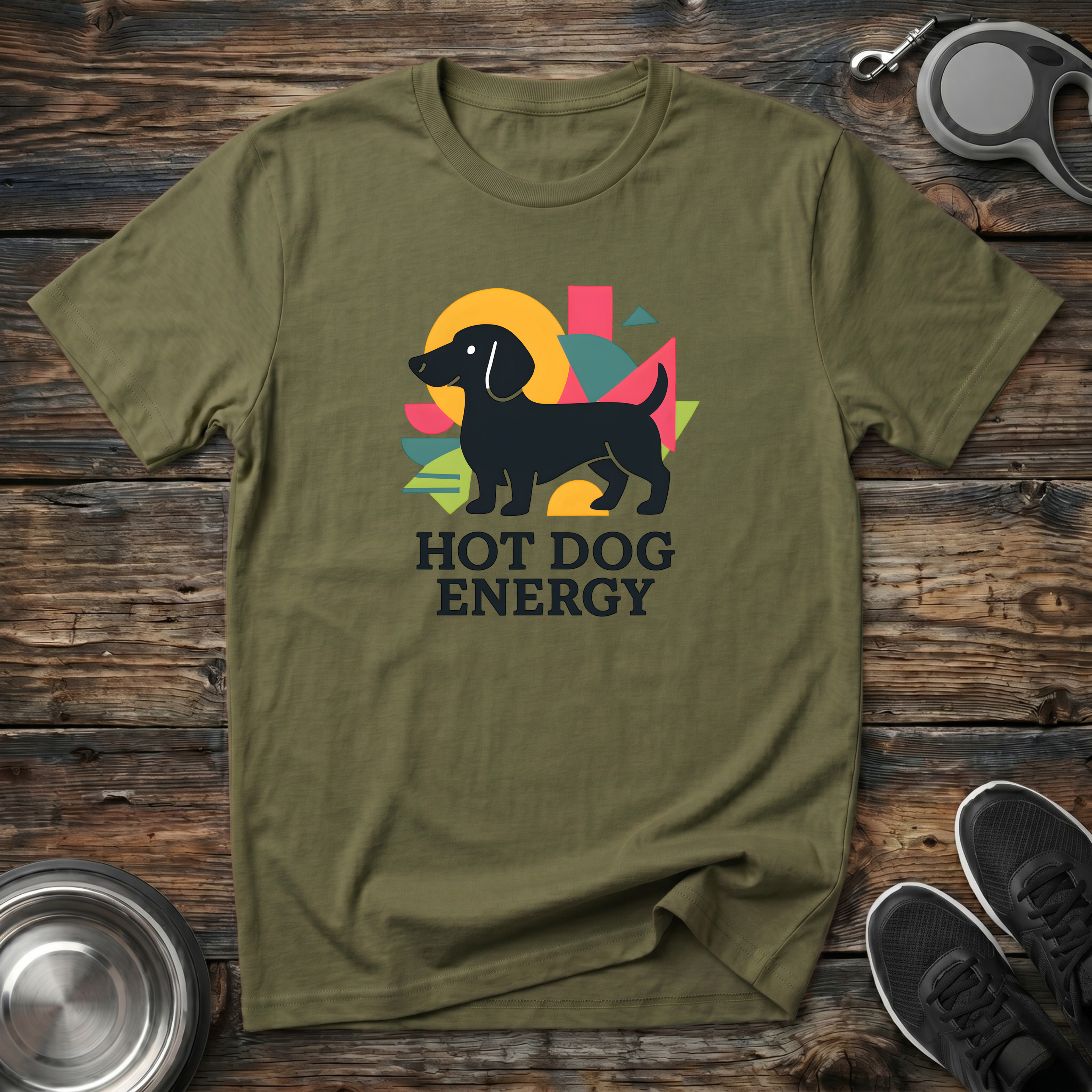 Military green unisex t-shirt with black Dachshund silhouette, retro colorful graphic burst, and bold "Hot Dog Energy" text — funny wiener dog lover gift tee