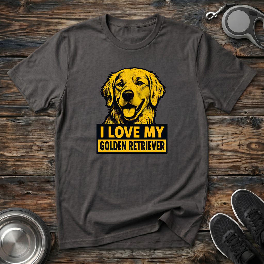 I Love My Golden Retriever charcoal t-shirt with stunning bold
golden yellow Golden Retriever portrait and black gold banner
typography, funny Golden Retriever lover tee and golden mom gift