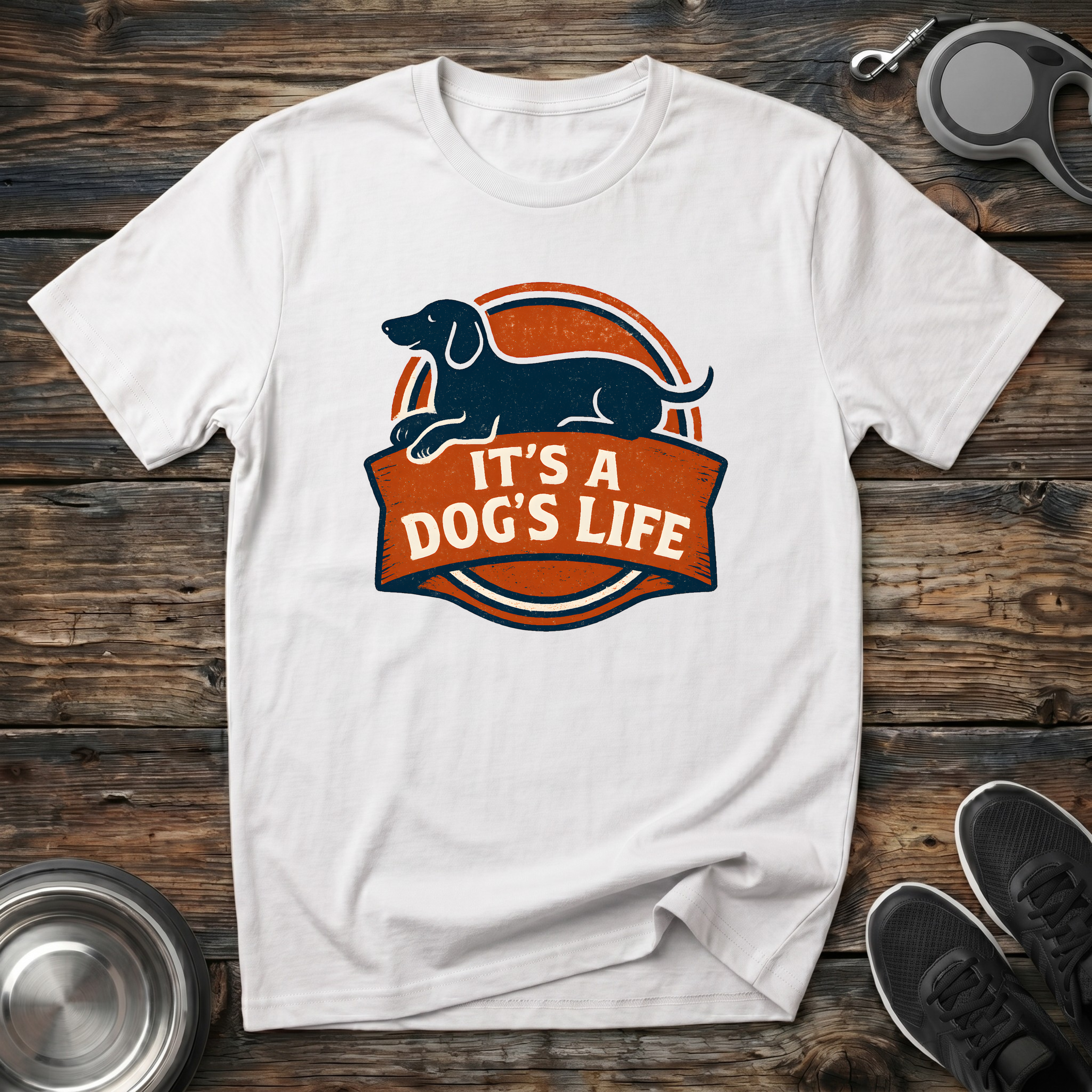It's A Dog's Life Dachshund Vintage Badge T-Shirt – Retro Dog Lover Graphic Tee for Wiener Dog Owners & Pet Parents