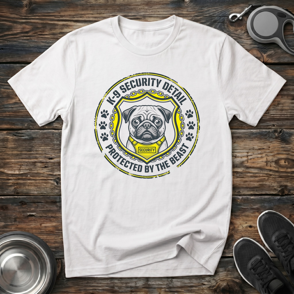 K-9 Security Detail Protected by the Beast white t-shirt with
serious pug portrait in bold yellow security badge with chains
and paw prints, funny pug lover tee and pug mom gift