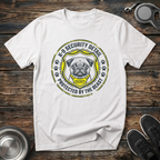 K-9 Security Detail Protected by the Beast white t-shirt with
serious pug portrait in bold yellow security badge with chains
and paw prints, funny pug lover tee and pug mom gift