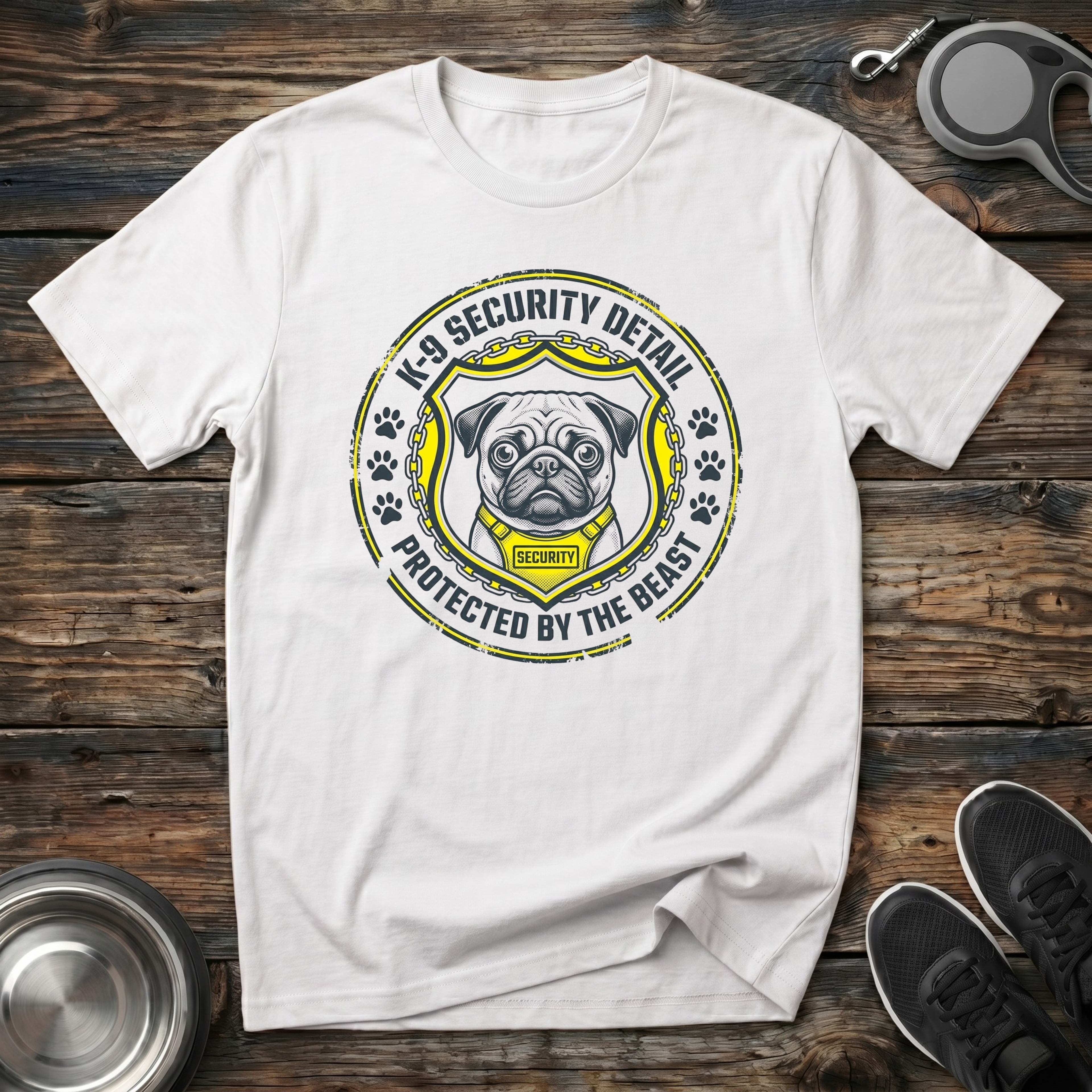 K-9 Security Detail Protected by the Beast white t-shirt with
serious pug portrait in bold yellow security badge with chains
and paw prints, funny pug lover tee and pug mom gift