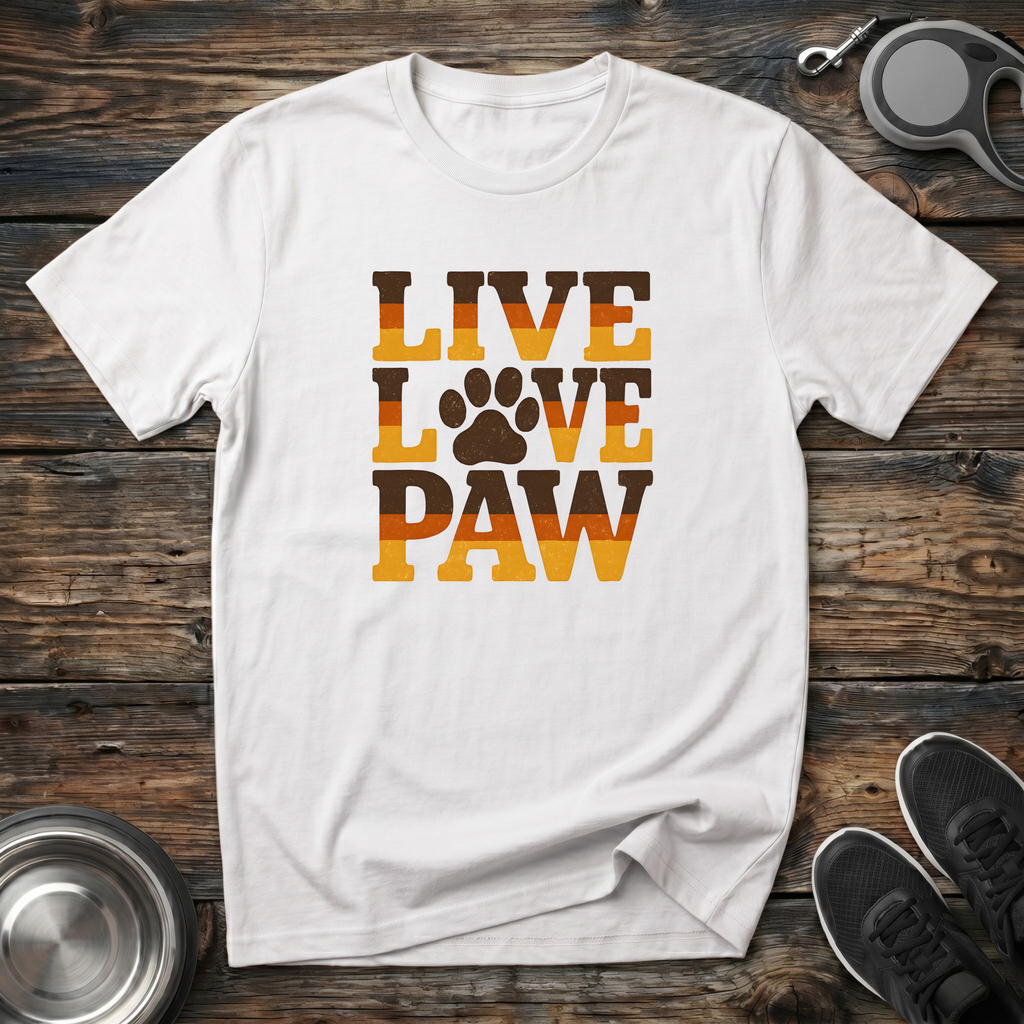 Live Love Paw Retro Dog Lover T-Shirt – Bold Groovy Paw Print Graphic Tee for Dog Moms, Dog Dads & Pet Parents