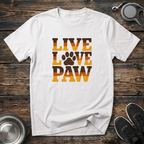 Live Love Paw Retro Dog Lover T-Shirt – Bold Groovy Paw Print Graphic Tee for Dog Moms, Dog Dads & Pet Parents