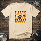 Live Love Paw Retro Dog Lover T-Shirt – Bold Groovy Paw Print Graphic Tee for Dog Moms, Dog Dads & Pet Parents