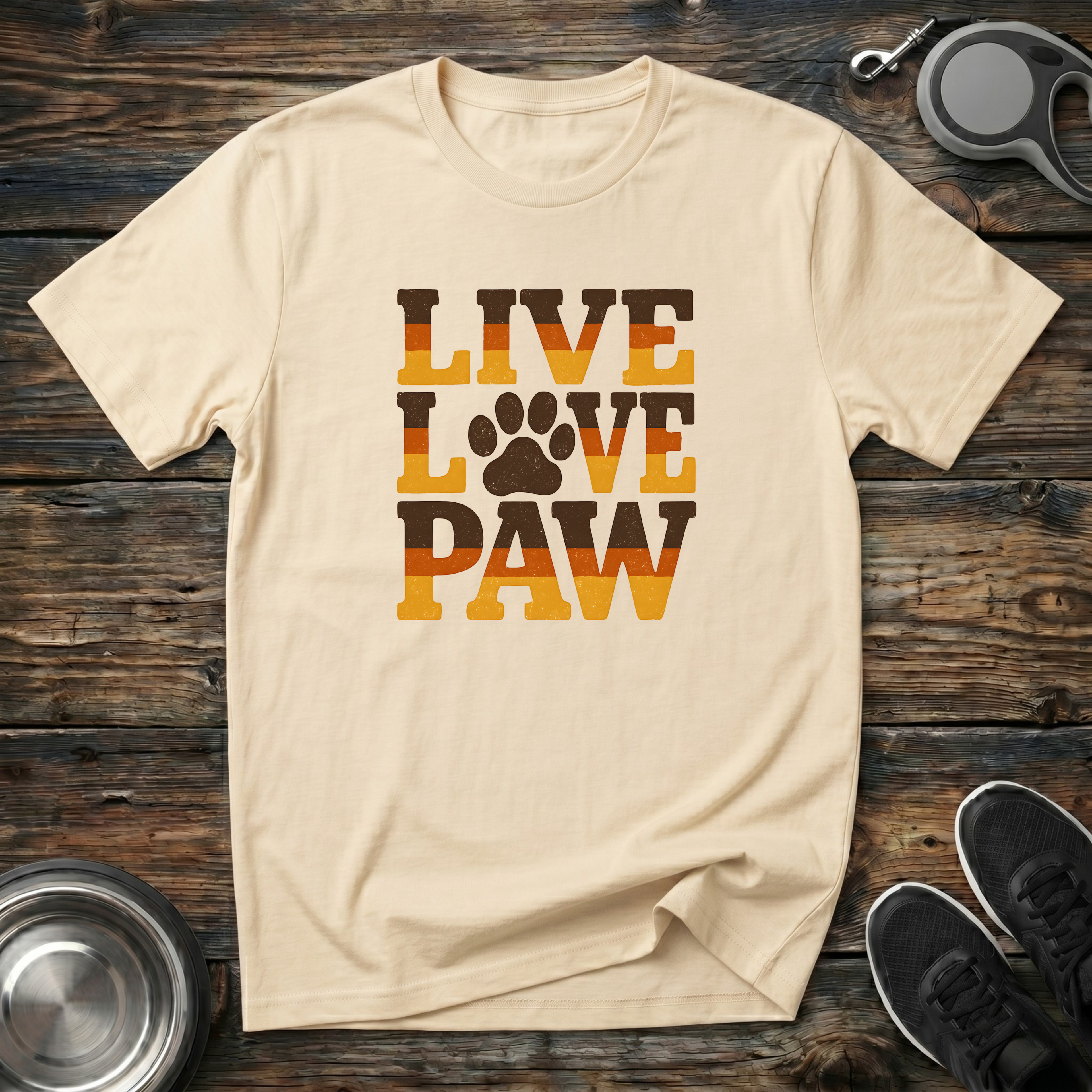 Live Love Paw Retro Dog Lover T-Shirt – Bold Groovy Paw Print Graphic Tee for Dog Moms, Dog Dads & Pet Parents
