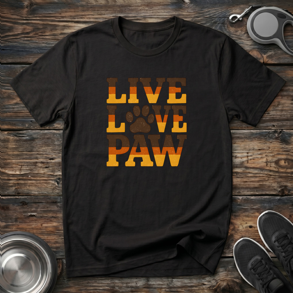 Live Love Paw Retro Dog Lover T-Shirt – Bold Groovy Paw Print Graphic Tee for Dog Moms, Dog Dads & Pet Parents