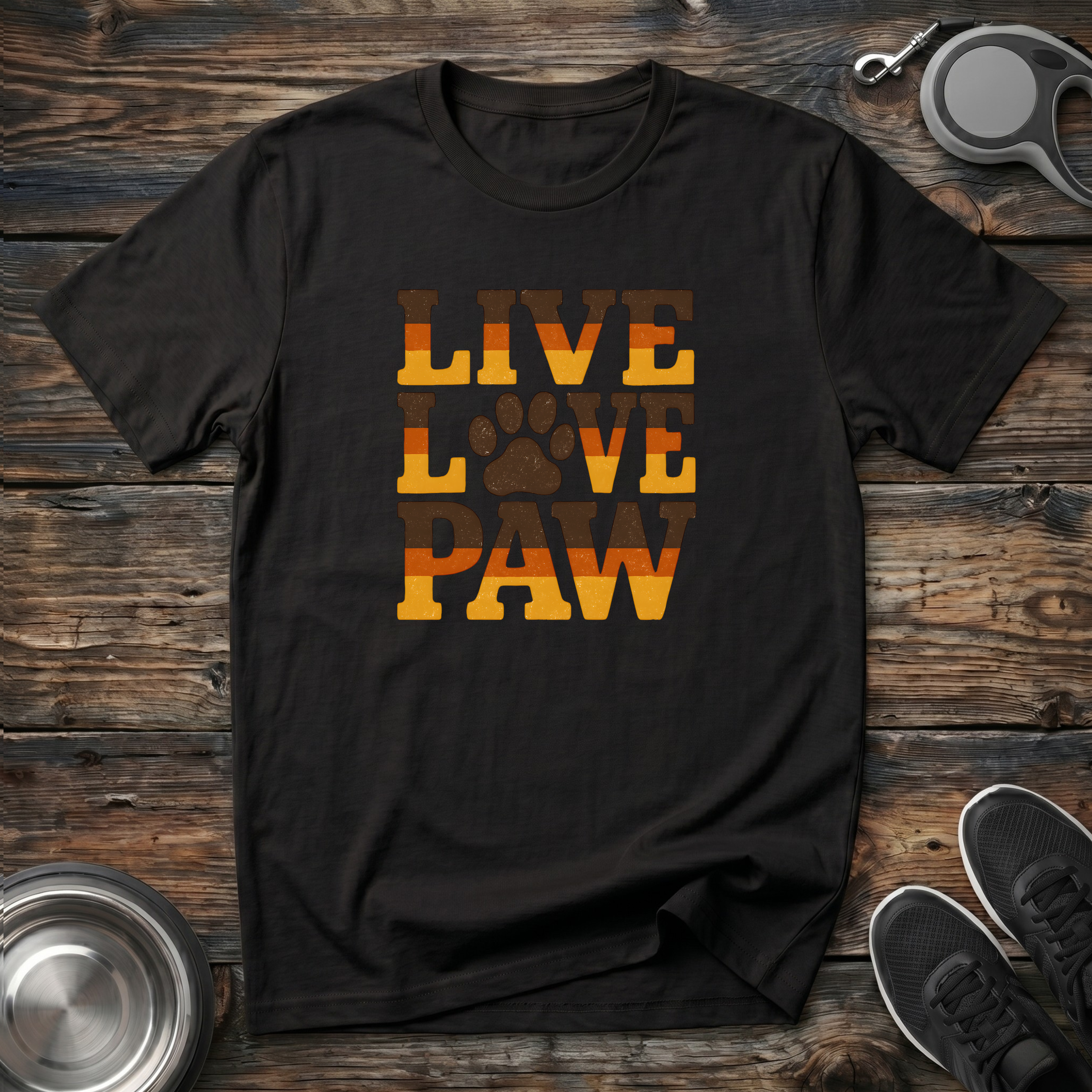 Live Love Paw Retro Dog Lover T-Shirt – Bold Groovy Paw Print Graphic Tee for Dog Moms, Dog Dads & Pet Parents