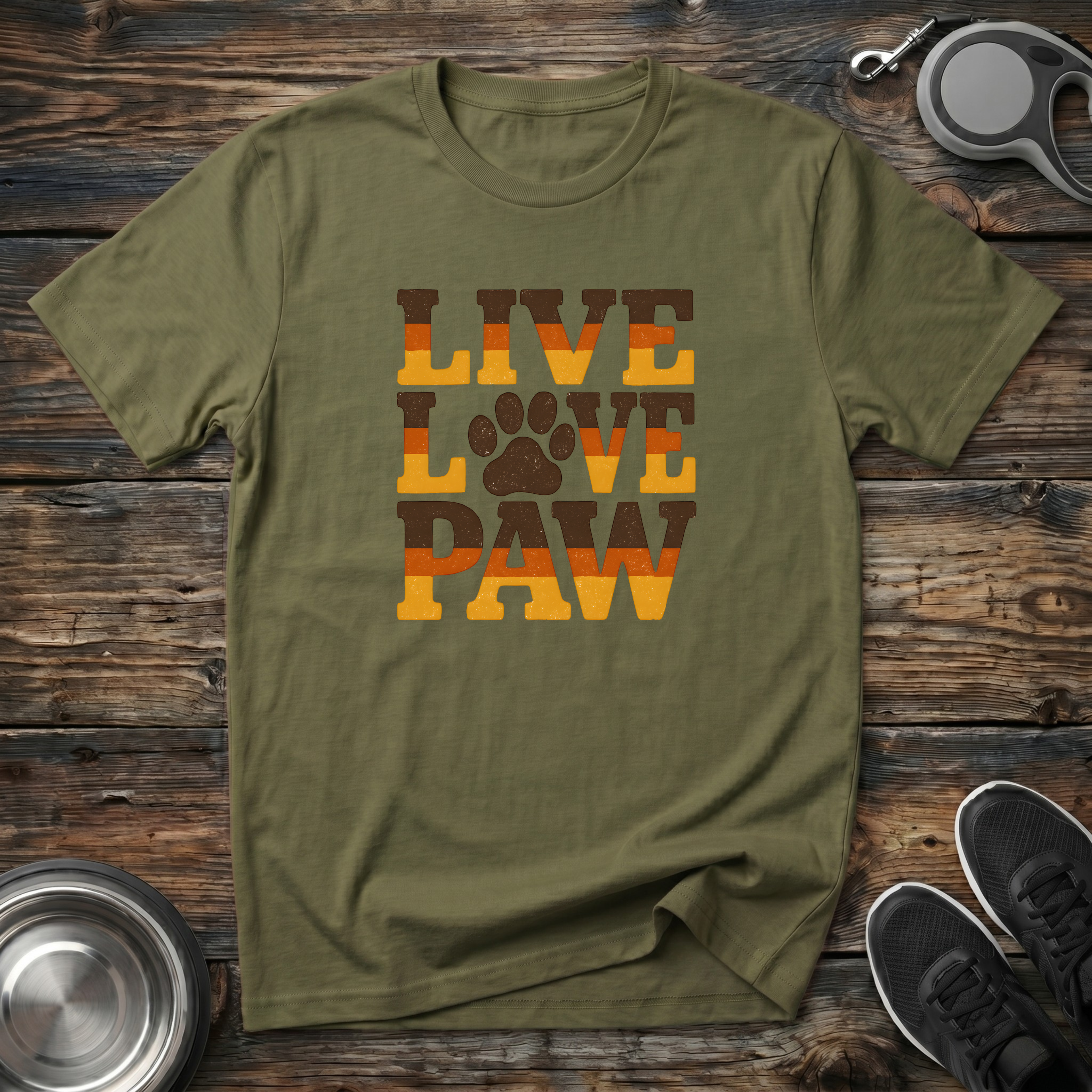 Live Love Paw Retro Dog Lover T-Shirt – Bold Groovy Paw Print Graphic Tee for Dog Moms, Dog Dads & Pet Parents