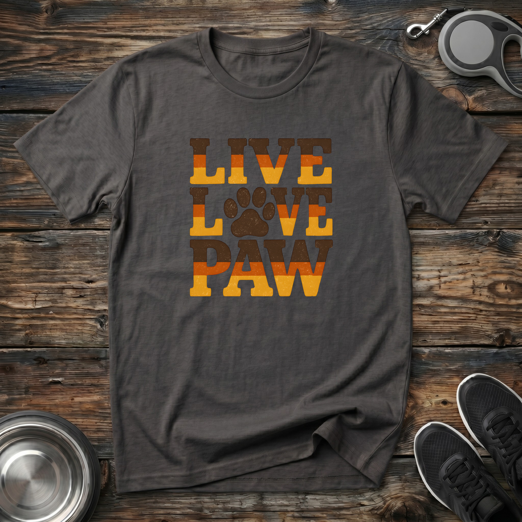 Live Love Paw Retro Dog Lover T-Shirt – Bold Groovy Paw Print Graphic Tee for Dog Moms, Dog Dads & Pet Parents