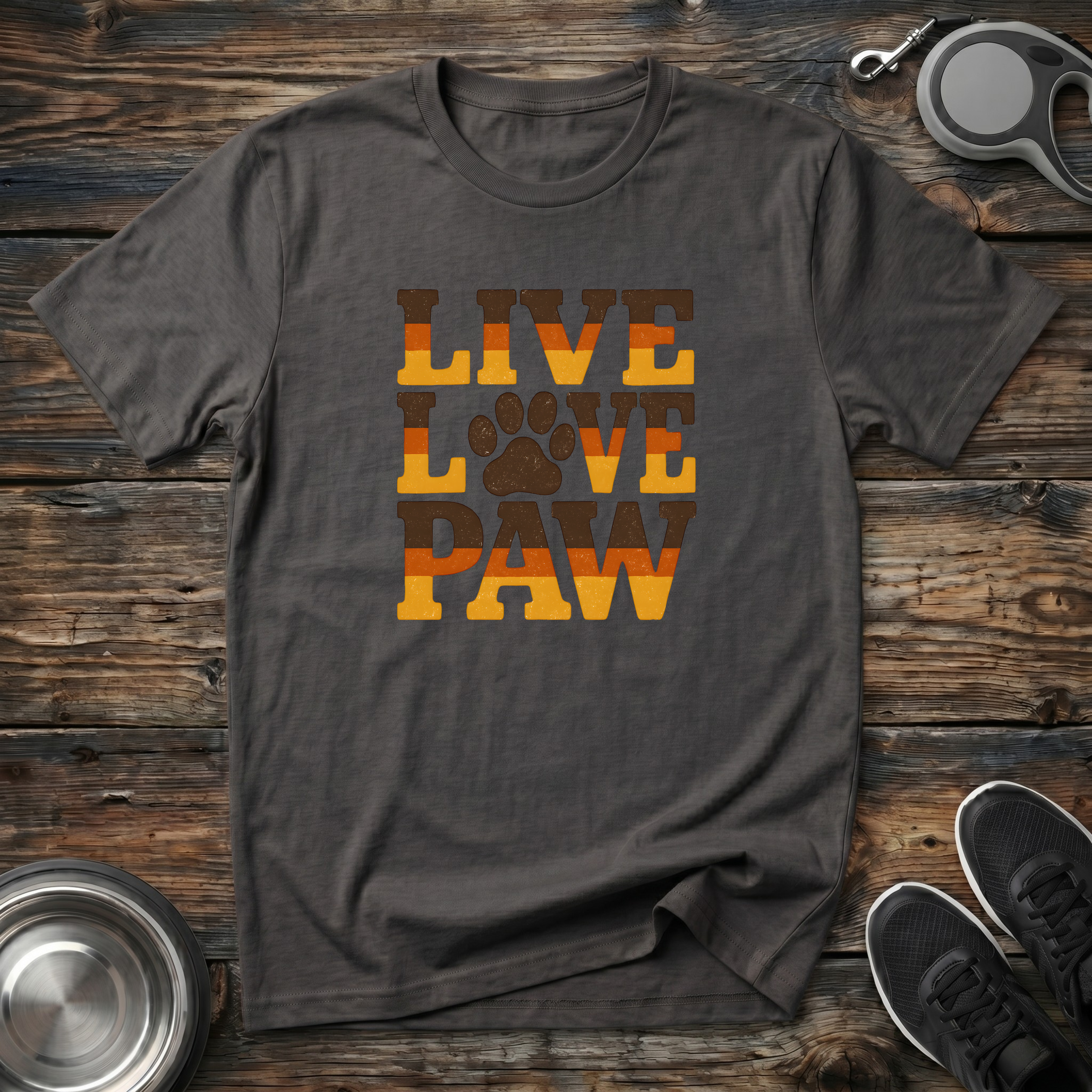 Live Love Paw Retro Dog Lover T-Shirt – Bold Groovy Paw Print Graphic Tee for Dog Moms, Dog Dads & Pet Parents
